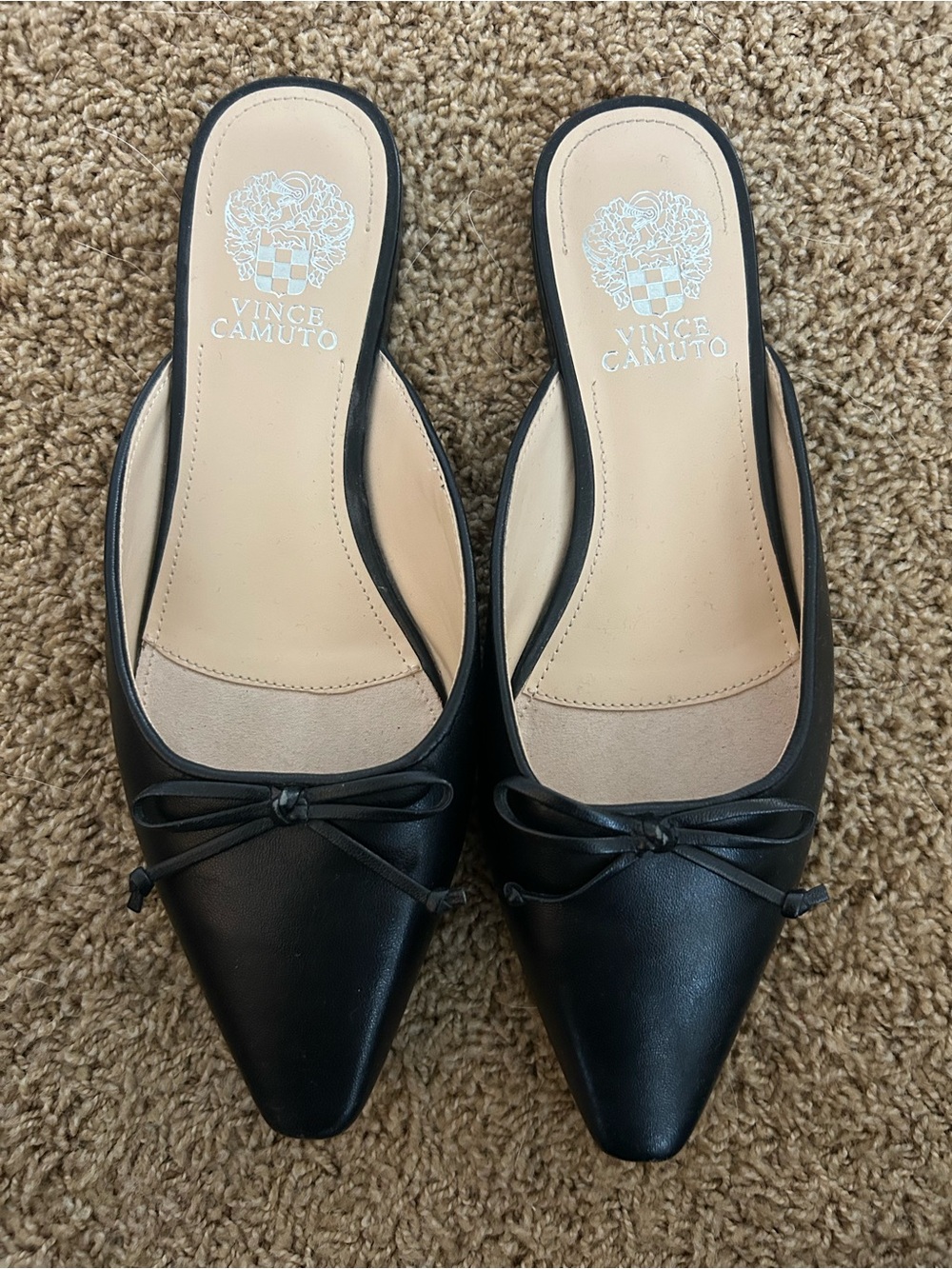 Vince Camuto Black Pointed-Toe Bow Slip-On Mules